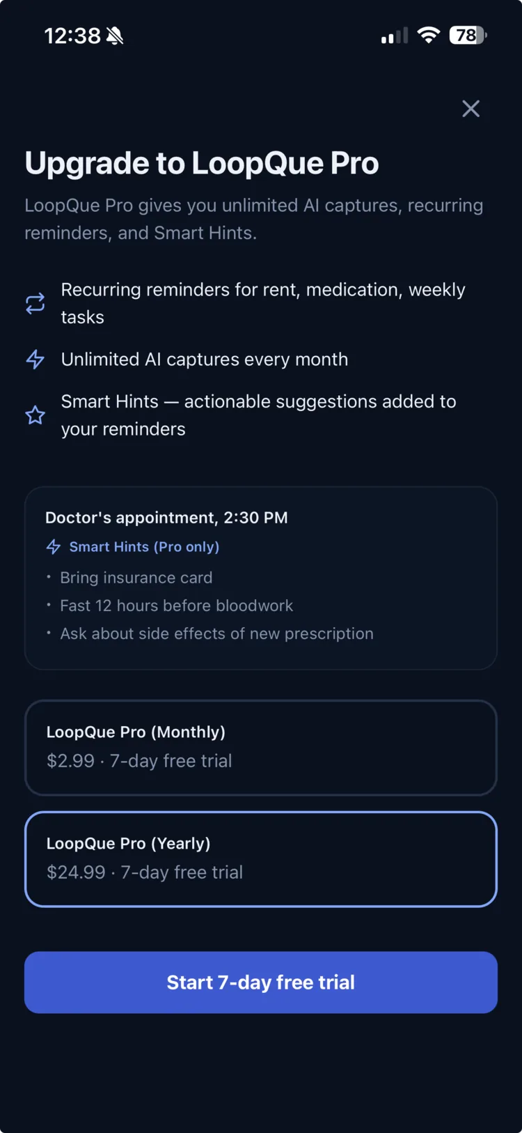 The LoopQue Pro upgrade screen showing plans and the free trial